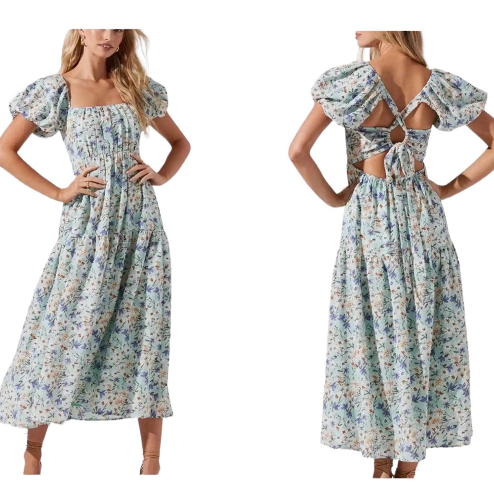Floral Puff-Sleeve Maxi Dress in Light Blue